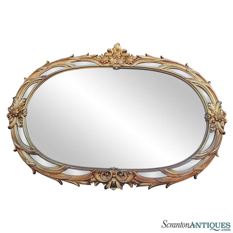 Vintage Large Italian Rococo Baroque Gold Giltwood Oval Wall Hanging Mirror Cover