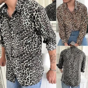 Fashion Mens Leopard Print Lapel Casual Loose Button Slim Long-Sleeve Tops Shirt - Picture 1 of 15