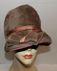 Vintage 40s Brown Faux Fur Felt Cloche Satin Trim Hat