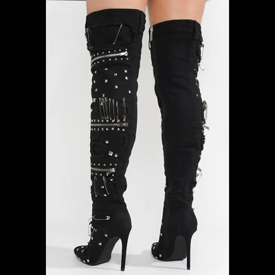 Rocker Black Distressed Denim Embellished Thigh High Boots - Image 1 of 4