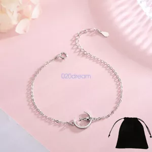 925 Sterling Sliver Bracelet/Anklet Moon Cat Pendant 1.3mm Trace chain Stamped - Picture 1 of 6