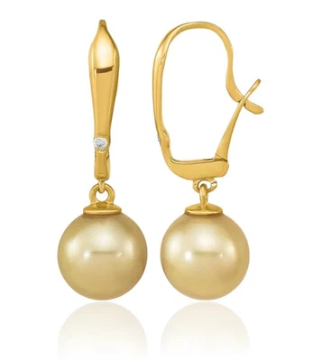 14K Solid 9mm Round Golden South Sea Saltwater Cultured Pearl Diamond Dangle ... - Image 1 of 4