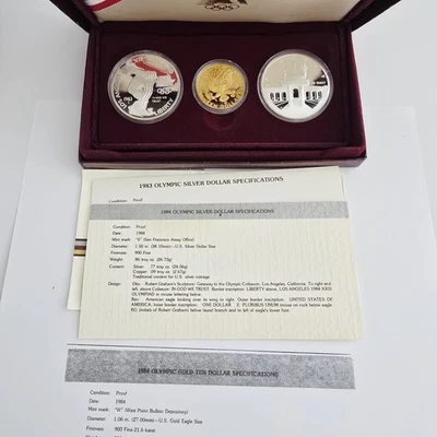1983 - 1984 U.S. Olympics Gold & Silver Proof Commemorative 3 Coin Set with Box - Image 1 of 4