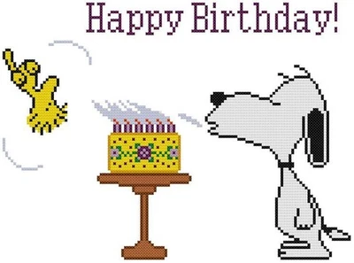 CROSS STITCH+ CRAFT PATTERN Snoopy Dog Woodstock Bird Happy Birthday Candles - Image 1 of 4