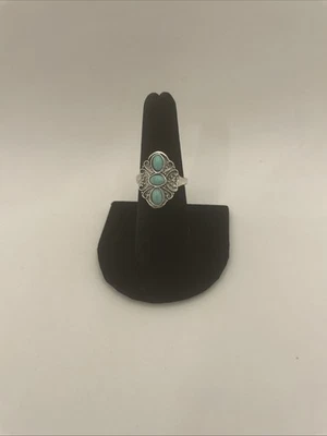 Southwestern Turquoise Oval Gem Style Blue Silver Tone Faux Statement Ring 7 - Image 1 of 4