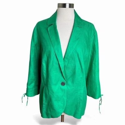 Blazer Coldwater Creek Mujer 16 Verde 100% Lino Manga Reunida Chaqueta Boho Foto 1 de 4