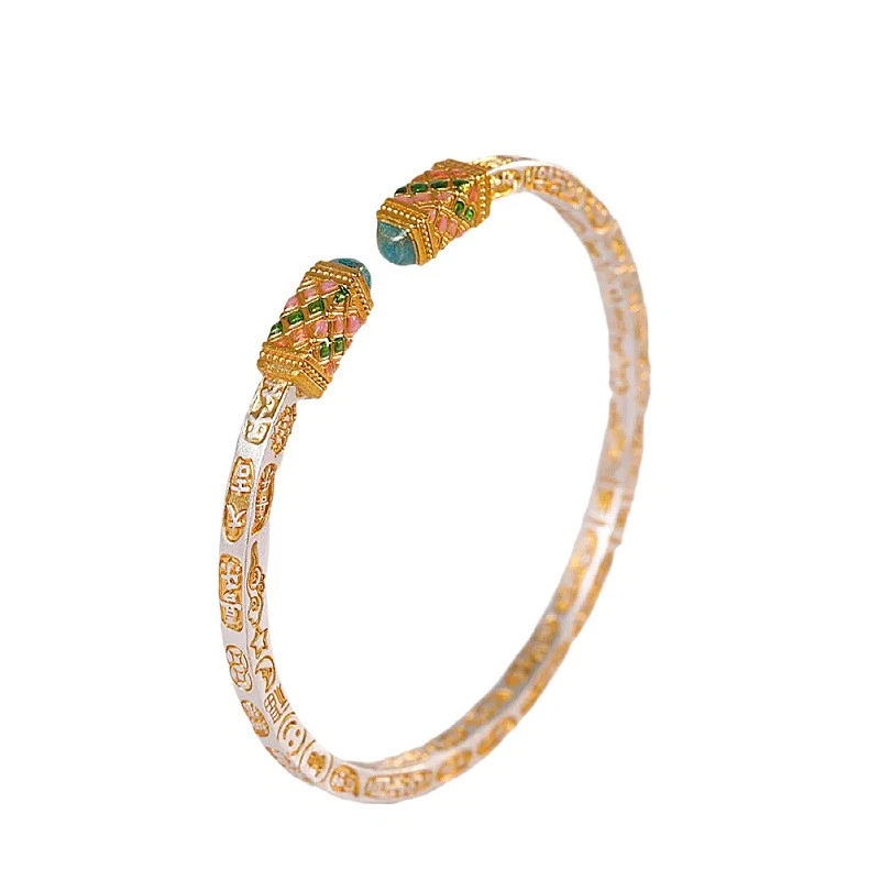 Versatile 25 Gram Fine Silver Bangle Gold Gilding Good Fortune Words Adjustable - Image 1 of 4