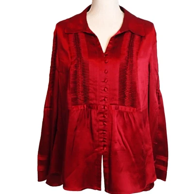 Camisa Saks Five Ave Roja Oscura Seda Pintuck Manga Acampanada 16 Top Blusa Plisada Foto 1 de 4