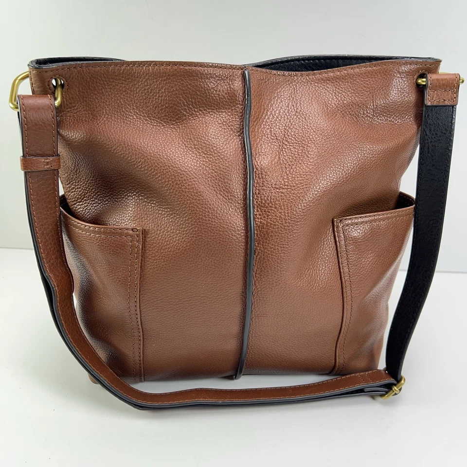 FOSSIL Lane Leather Handbag Pebbled Crossbody Bag Boho Shoulder Purse Tote Brown - Image 1 of 4