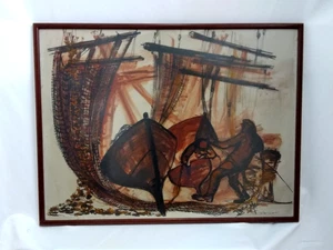 Ben Maile signiertes gerahmtes Gemälde Fischerboote Marine/Hafenleben 70 cm x 53 cm - Bild 1 von 11
