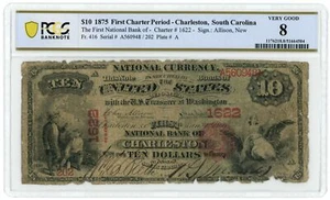 1875 1st NB of Charleston, SC $10 NBN Ch#1622 PCGS VG8 - See Desc. (63118) - Picture 1 of 2