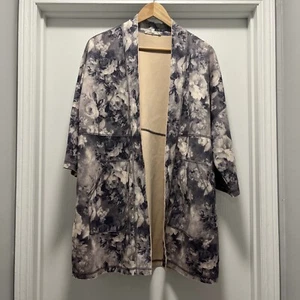Solitaire Medium Faux Suede Open Cardigan Duster Jacket Pockets Navy Cream Roses - Picture 1 of 11