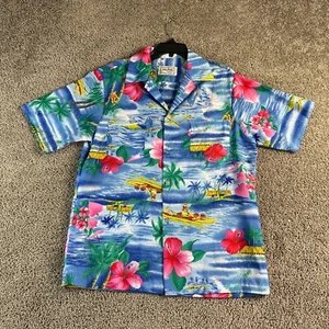 VINTAGE Hilo Hattie Shirt Mens M Blue Pink Hibiscus Flower Tropical Button Up - Picture 1 of 9