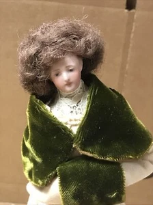 Antique Mini Porcelain Head Doll On Stand 8.25” Tall - Picture 1 of 11