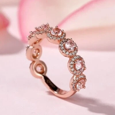 Round Cut Simulated Peach Morganite Engagement Band Ring In 14k Rose Gold Plated - Image 1 of 4