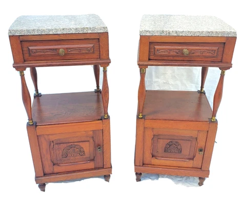 Vtg Solid Oak Art Deco Pair of Nightstands Bed Tables Floral Carvings & Columns Cover