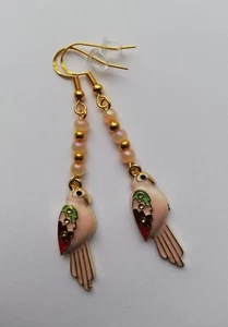Long Drop / Dangle Holiday Earrings - Pale Pink Parrots - Gold Plated - Picture 1 of 5