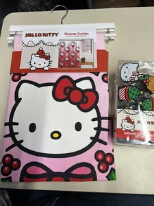 New Hello Kitty Holly Berry Christmas Wreath Shower Curtain & Hooks Set - Picture 1 of 7