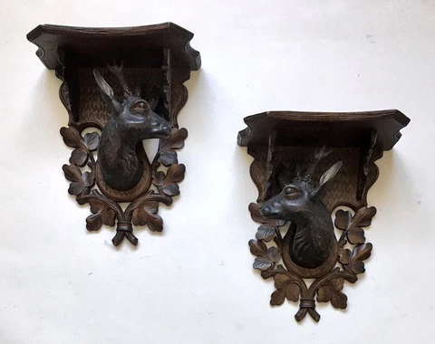 Wall Hung Console Wood Sculpture Table Carved Deer Head Pair 19th Century Cover