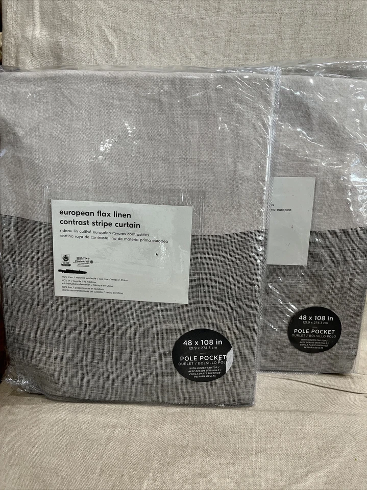 West Elm European Flax linen contrast stripe curtain 48x108 S/2 frost gray - Image 1 of 1
