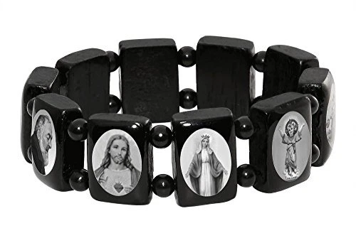 Saints Bead Bracelet, Black Wood Stretch Religious Catholic Icons, Black & White - Image 1 of 1