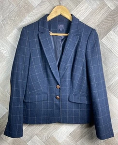 M&S Collection Navy Check Print Button Up Wool Blend Blazer Jacket Size UK 14 - Picture 1 of 22