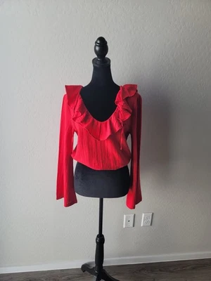 Top de mujer Roxy 100 % algodón acampanado manga larga gasa volantes cuello rojo-S Foto 1 de 4