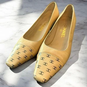 CHANEL Women's Mini Coco Mark Pumps Leather EU 37 Beige From Japan 126144K Auth - Picture 1 of 10