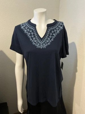 NWT Women’s BASIC EDITIONS Scoop-V-neck Cap Sleeve Navy Embroidered Top Size L/G - Image 1 of 4