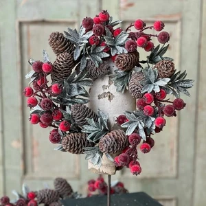 11" Frosted Berry and Pine Cone Candle Ring, Wreath Christmas Holiday Home Décor - Picture 1 of 4
