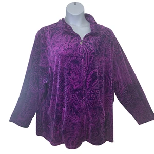 Catherines Cardigan Jacket 4X Purple Abstract Velour Full Zip Pockets Stretch - Picture 1 of 9