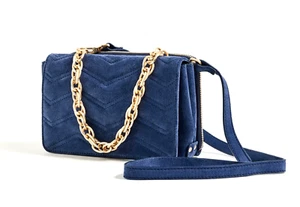 ZARA BAG BLUE SUEDE LEATHER BAG QUILTED CROSS BODY PURSE BAG FLAP GOLD CHAIN - Picture 1 of 11