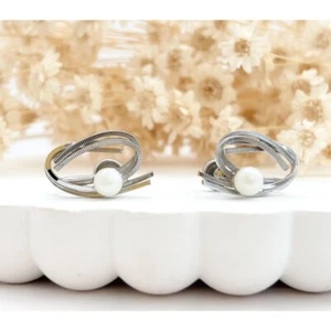 Abatrakt Modernist gerippt Schraubverschluss Sterling Kunstperlen Vintage Ohrstecker - Bild 1 von 10