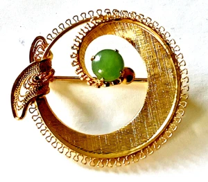 SORRENTO Brooch 1/20 12K Gold Fill JADE Vintage Delicate Fillagree 1.25" - Picture 1 of 5