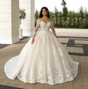 Abiti da sposa chiesa manica lunga pizzo perline vedere attraverso abiti da sposa ballo - Foto 1 di 9