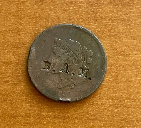 1839 Braided Hair Large Cent - "B. A. M." Counterstamp Cover