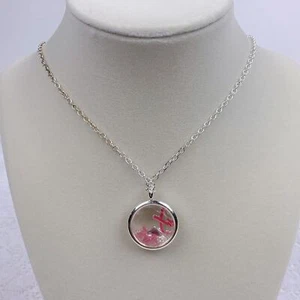 Silver NRQ Necklace & Pendant Pink ribbon & heart gems Breast Cancer Round New - Picture 1 of 12