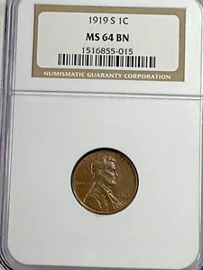 1919-S Lincoln Cent : NGC MS64BN - Picture 1 of 4
