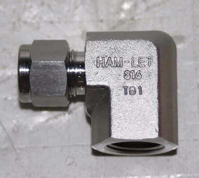 3/8" Tube x 3/8" FNPT  SS 90° Elbow Fitting Ham-Let Let-Lok 770LSS3/8X3/8 - Image 1 of 4