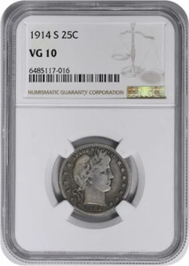 1914-S Barber Silver Quarter VG10 NGC - Picture 1 of 2