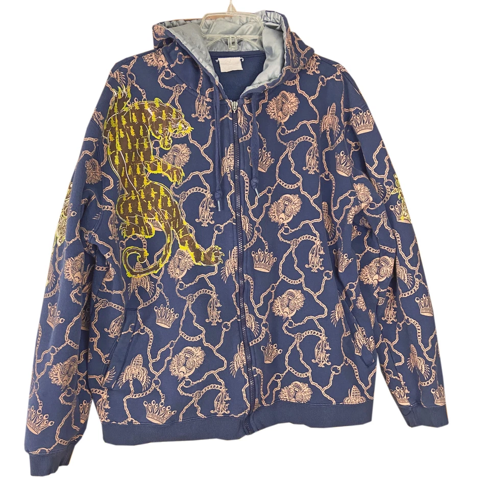 Sudadera con capucha Christian Audigier cremallera completa para hombre talla L (LEER) corona de leopardo azul dorado Foto 1 de 4