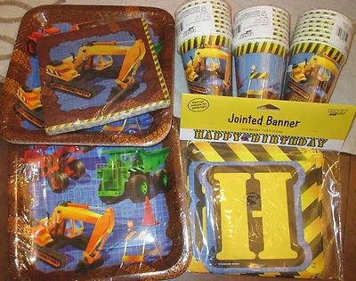 Boys UNDER CONSTRUCTION Birthday PARTY Set TRUCKS Backhoe BANNER 16 PLATES, CUPS - Image 1 of 4