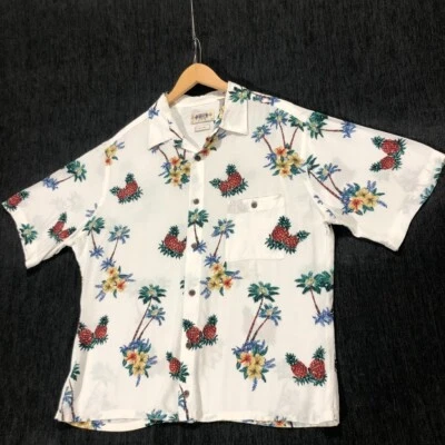 Campio Moda Hawaiian Shirt Pineapple Palm Tree Print Button Up White L - Image 1 of 4