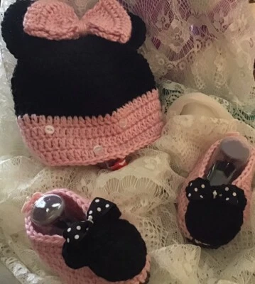 Pink& Black Mickey Mouse Handmade Crochet Hat & Booties, Size 6-12 Month - Image 1 of 4