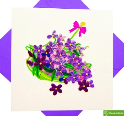GREENHANDSHAKE Basket of Violets Quilling Greeting Card - Unique Dedicated Handmade Art