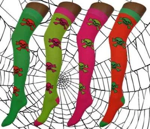 Damen Halloween Weihnachten Neon Totenkopf & gekreuzte Knochen Kostüm Overknee Socken - Bild 1 von 5
