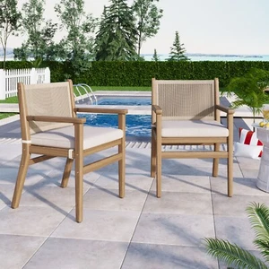 Indoor & Outdoor Patio Dining Chairs with Rope Weave Back ,Cushioned, Set of 2 - Picture 1 of 11