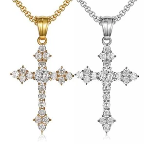 Iced Cross Pendant Necklace Stainless Steel Plated Gold for Women Men Hip Hop - Picture 1 of 11