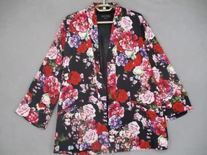 Decjuba Blazer Womens XS Small Black Red Floral Open Pockets Long Cardigan - Picture 1 of 21