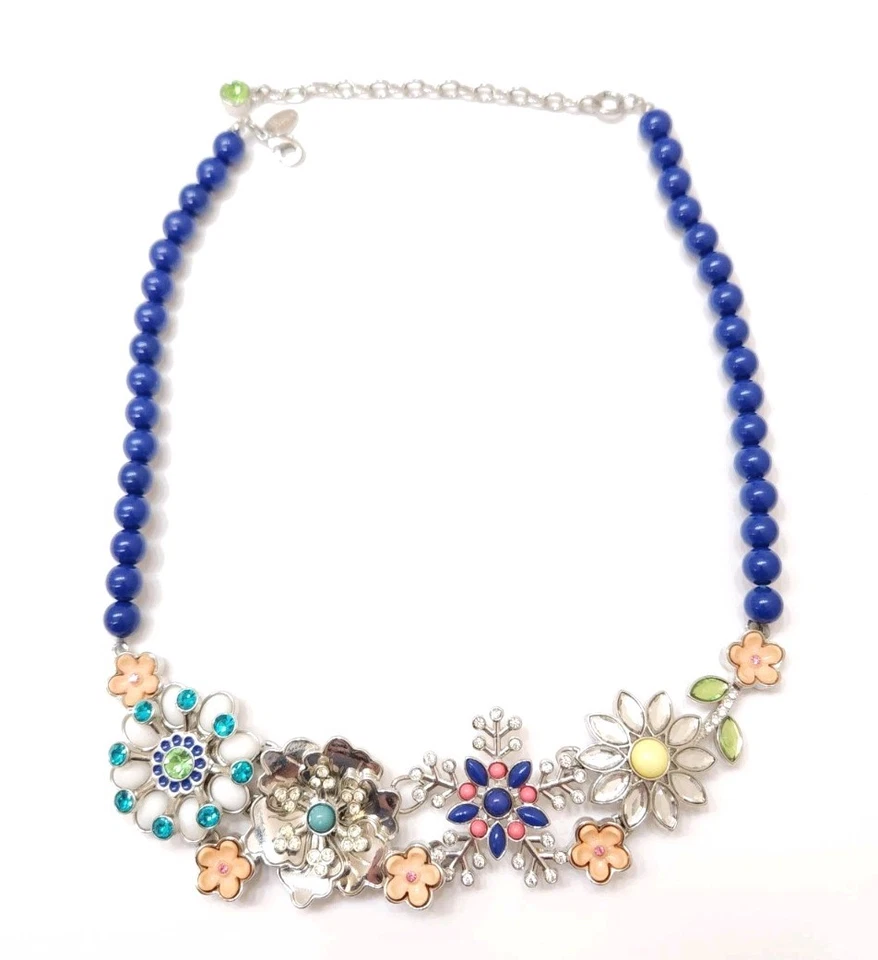 Ladies New Vintage Lia Sophia Silver Blue Bead Floral Flower Statement Necklace  - Image 1 of 4